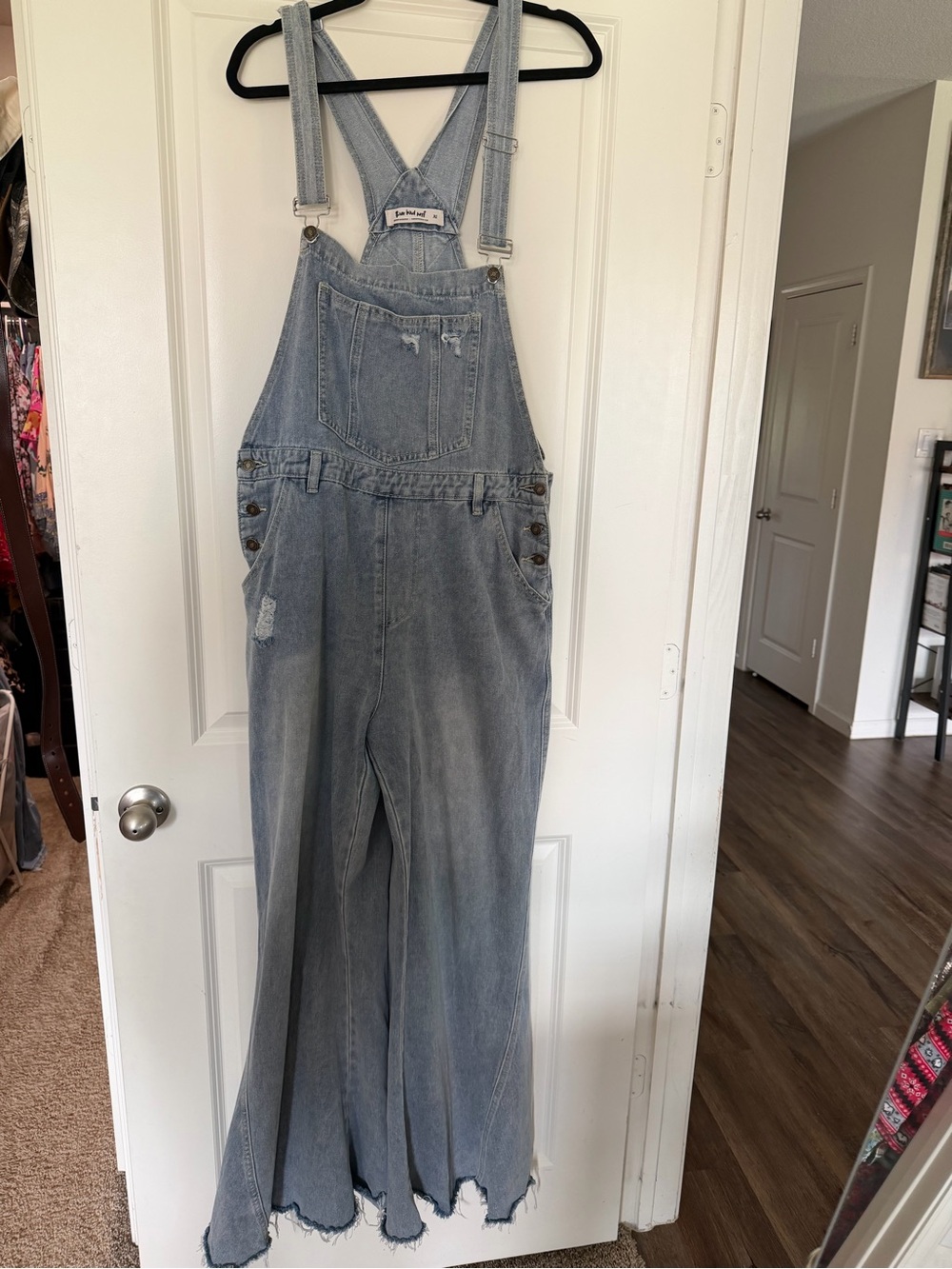 Three Bird Nest Light Blue Denim Flared Overalls - Picture 6 of 7